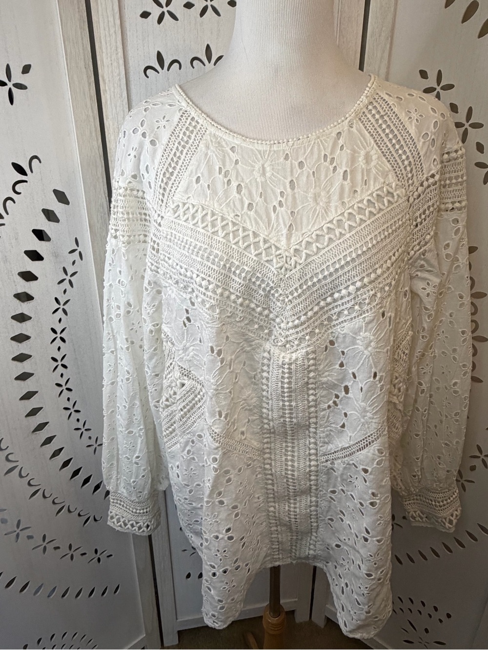 Anthropologie 100% Cotton White Eyelet Lace Long-Sleeve Top Dainty White Top